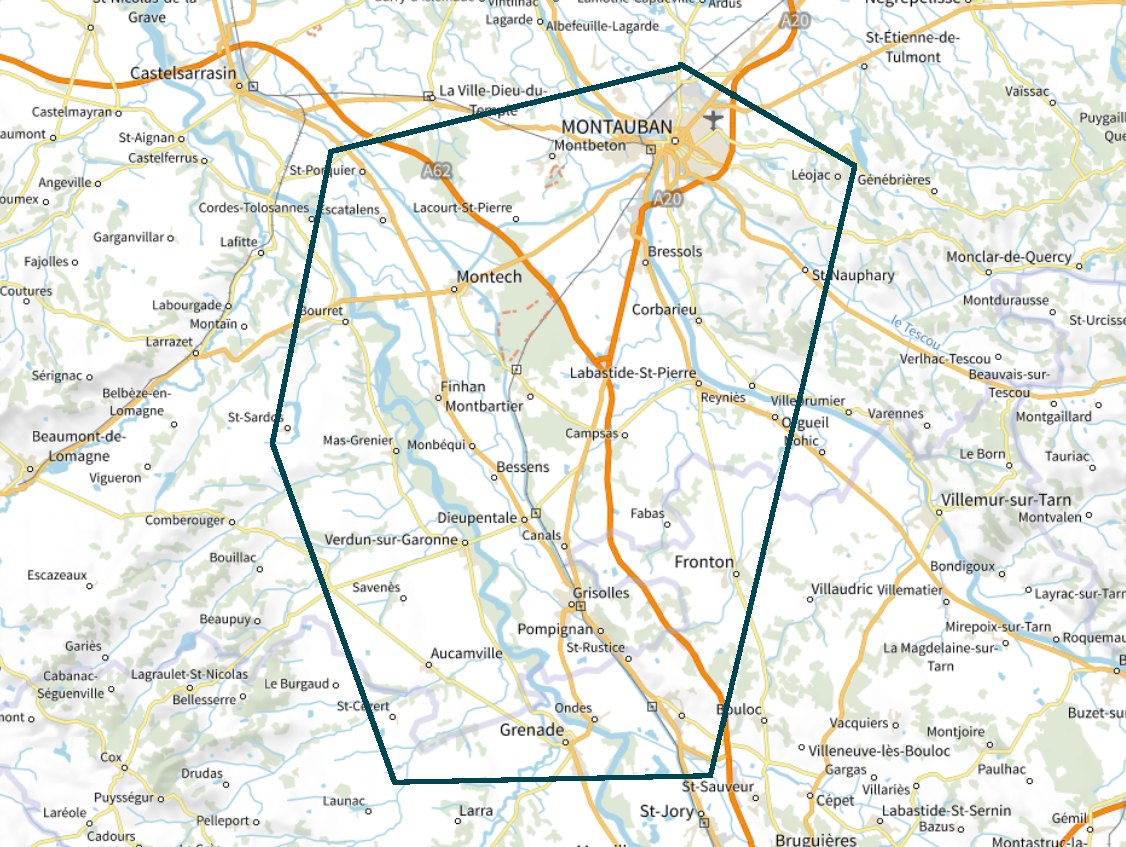 Carte du secteur d'intervention de Magalie Lala, de Montauban au nord de Grenade,
                    entre Tarn-et-Garonne et Haute-Garonne