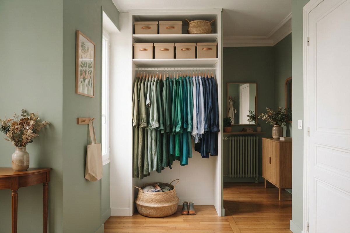 Dressing rangé : boîtes de rangement sur les étagères, chemises suspendues en dégradé du vert au bleu, panier en osier au sol
