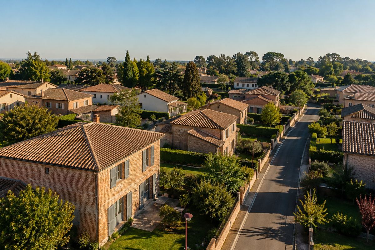 Vue aérienne d'un quartier résidentiel du sud-ouest de la France : maisons en brique aux tuiles romanes, jardins arborés et rue calme, en fin de journée