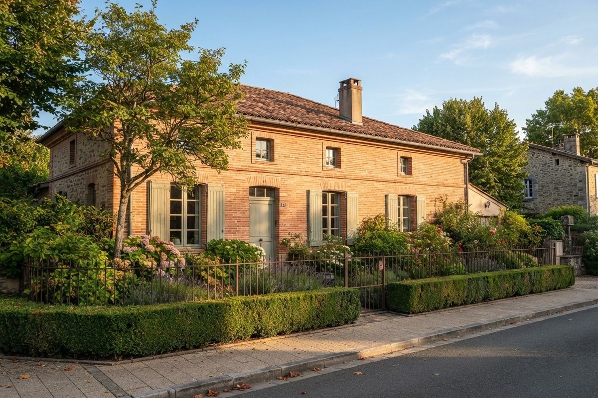 Maison en brique foraine aux volets gris-vert, derrière une haie taillée et un jardin fleuri, dans une rue du sud-ouest de la France
